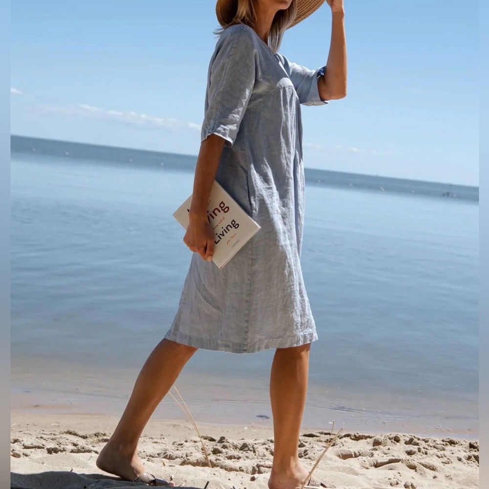 SAUTHS $156 Kyoto Minimalist Linen Midi Dress Blue Size XS pockets Comfort Boho